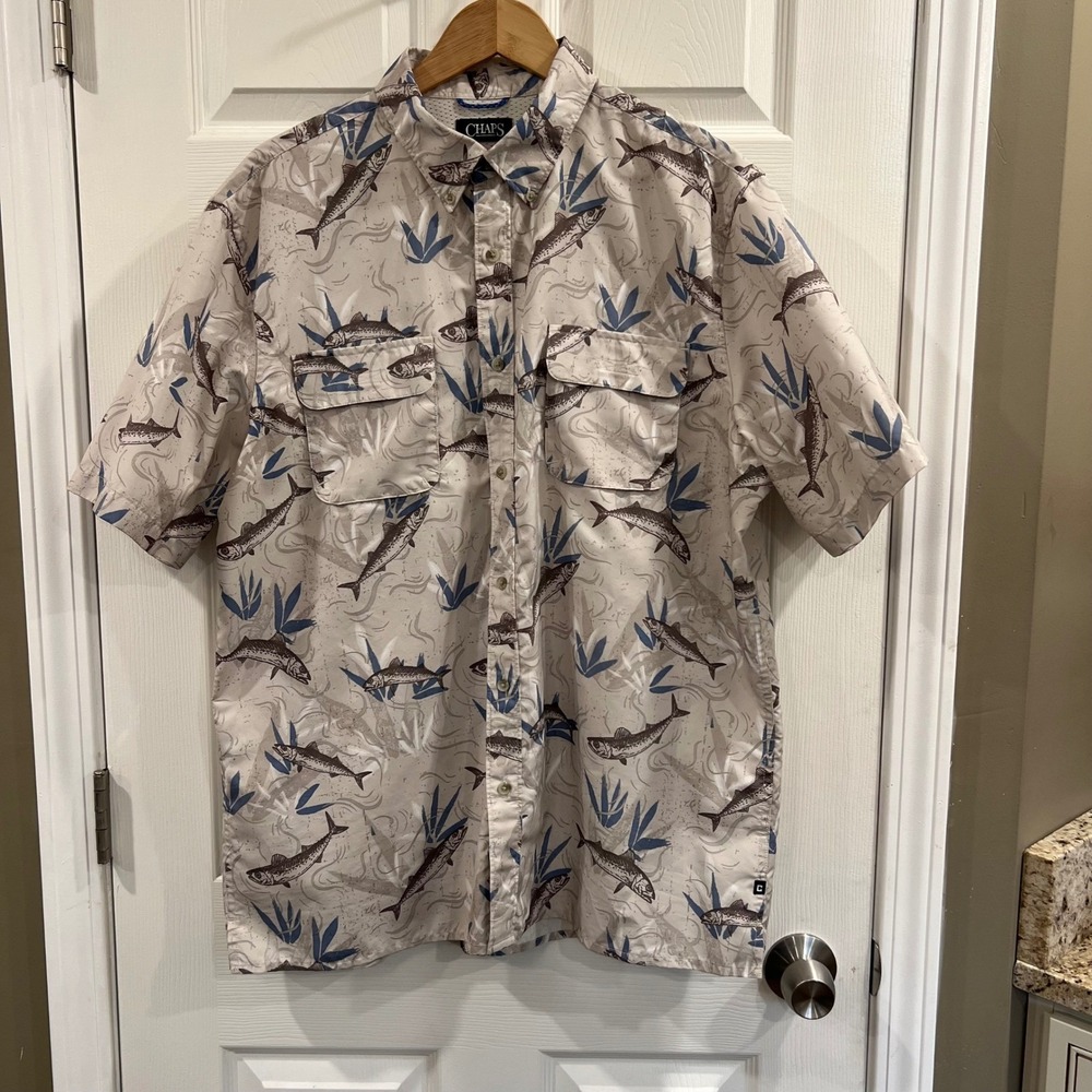 Chaps Mens XL Fishing Shirt Short Sleeve Button Down Fish Print Tan Blue